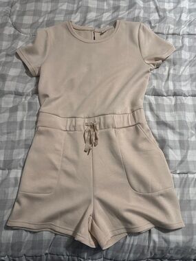 Beige Short Sleeve Romper with Waist Tie